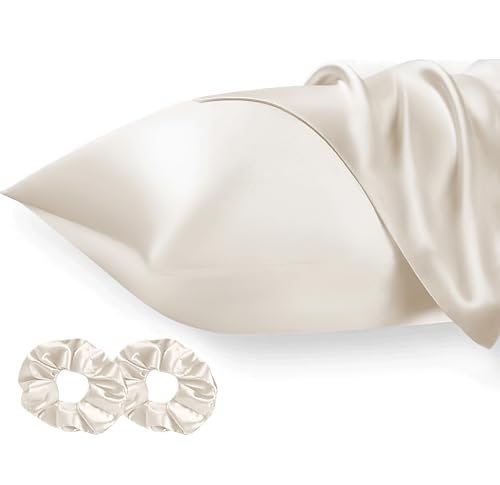 Seiwohl Satin Kissenbezug 40x70, 2er Set Satin Kopfkissenbezug 70 x 40 Pillowcase Kissen Bezug Kissenhülle für Haar und Haut, ähnlich wie Seide, Beige, mit 2 Haargummis von Seiwohl