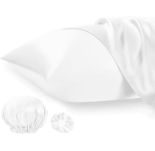 Seiwohl Satin Kissenbezug 50x70 2er Set, Weich wie Seidenkissenbezug Silk Pillowcase, Vegane Seide Kopfkissenbezug Kissenhülle Haarschutz für die Nacht mit Haargummi und Haarhaube, Weiß von Seiwohl