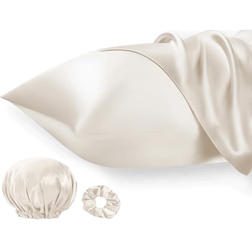 Seiwohl Satin Kissenbezug 50x80, 2er Set Satin Kopfkissenbezug Pillowcase Kissen Bezug Kissenhülle für Haar und Haut, ähnlich wie Seide, Beige, mit Haargummi und Haarhaube von Seiwohl