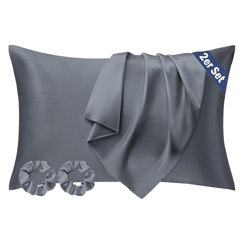 Seiwohl Satin Kissenbezug 50x80, 2er Set Satin Kopfkissenbezug Pillowcase Kissen Bezug Kissenhülle für Haar und Haut, ähnlich wie Seide, Dunkelgrau, mit 2 Haargummis von Seiwohl