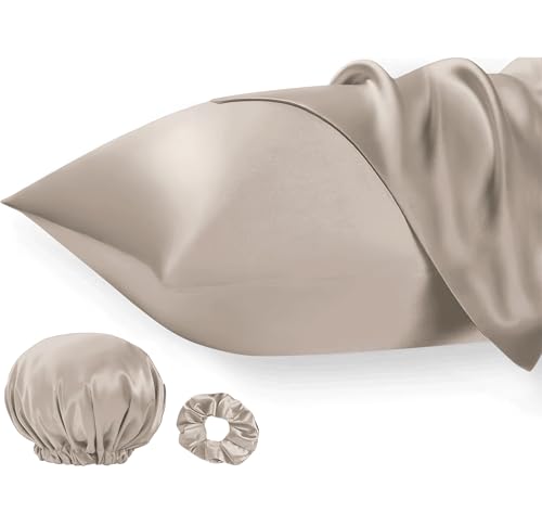 Seiwohl Satin Kissenbezug 50x80, 2er Set Satin Kopfkissenbezug Pillowcase Kissen Bezug Kissenhülle für Haar und Haut, ähnlich wie Seide, Taupe, mit Haargummi und Haarhaube von Seiwohl