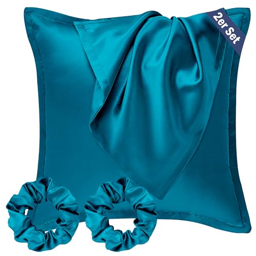 Seiwohl Satin Kissenbezug 80x80 2er Set, Weich wie Seidenkissenbezug Silk Pillowcase, Vegane Seide Kopfkissenbezug Kissenhülle Seidenkopfkissen für Haar und Haut mit Haargummis, Blaugrün von Seiwohl