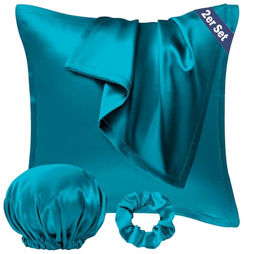 Seiwohl Satin Kissenbezug 80x80, 2er Set Satin Kopfkissenbezug Pillowcase Kissen Bezug Kissenhülle für Haar und Haut, ähnlich wie Seide, Blaugrün, mit Haargummi und Haarhaube von Seiwohl