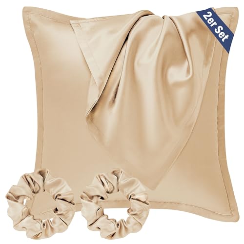 Seiwohl Satin Kissenbezug 80x80, 2er Set Satin Kopfkissenbezug Pillowcase Kissen Bezug Kissenhülle für Haar und Haut, ähnlich wie Seide, Champagner, mit 2 Haargummis von Seiwohl