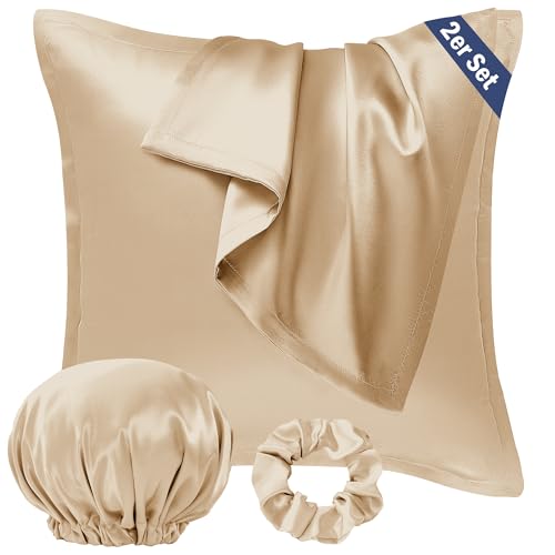 Seiwohl Satin Kissenbezug 80x80, 2er Set Satin Kopfkissenbezug Pillowcase Kissen Bezug Kissenhülle für Haar und Haut, ähnlich wie Seide, Champagner, mit Haargummi und Haarhaube von Seiwohl