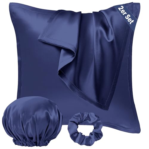 Seiwohl Satin Kissenbezug 80x80, 2er Set Satin Kopfkissenbezug Pillowcase Kissen Bezug Kissenhülle für Haar und Haut, ähnlich wie Seide, Dunkelblau, mit Haargummi und Haarhaube von Seiwohl