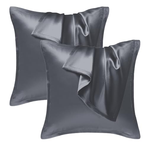 Seiwohl Satin Kissenbezug 80x80, 2er Set Satin Kopfkissenbezug Pillowcase Kissen Bezug Kissenhülle für Haar und Haut, ähnlich wie Seide, Dunkelgrau von Seiwohl