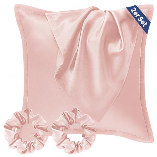 Seiwohl Satin Kissenbezug 80x80, 2er Set Satin Kopfkissenbezug Pillowcase Kissen Bezug Kissenhülle für Haar und Haut, ähnlich wie Seide, Korallen Rosa, mit 2 Haargummis von Seiwohl