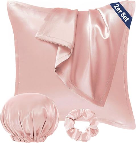 Seiwohl Satin Kissenbezug 80x80, 2er Set Satin Kopfkissenbezug Pillowcase Kissen Bezug Kissenhülle für Haar und Haut, ähnlich wie Seide, Korallen Rosa, mit Haargummi und Haarhaube von Seiwohl