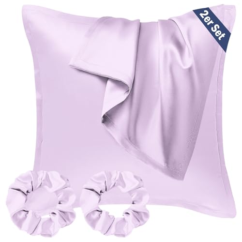 Seiwohl Satin Kissenbezug 80x80, 2er Set Satin Kopfkissenbezug Pillowcase Kissen Bezug Kissenhülle für Haar und Haut, ähnlich wie Seide, Lavendel, mit 2 Haargummis von Seiwohl