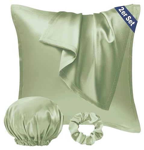 Seiwohl Satin Kissenbezug 80x80 2er Set, Weich wie Seidenkissenbezug Silk Pillowcase, Vegane Seide Kopfkissenbezug Kissenhülle Haarschutz für die Nacht mit Haargummi und Haarhaube, Salbeigrün Seiwohl Satin Kissenbezug 80x80 2er Set, Weich wie Seidenkissenbezug Silk Pillowcase, Vegane Seide Kopfkissenbezug Kissenhülle Haarschutz für die Nacht mit Haargummi und Haarhaube, Salbeigrün von Seiwohl