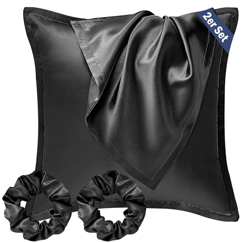 Seiwohl Satin Kissenbezug 80x80, 2er Set Satin Kopfkissenbezug Pillowcase Kissen Bezug Kissenhülle für Haar und Haut, ähnlich wie Seide, Schwarz, mit 2 Haargummis von Seiwohl