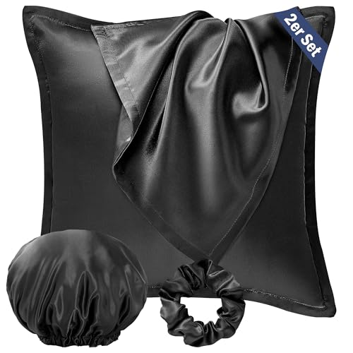 Seiwohl Satin Kissenbezug 80x80, 2er Set Satin Kopfkissenbezug Pillowcase Kissen Bezug Kissenhülle für Haar und Haut, ähnlich wie Seide, Schwarz, mit Haargummi und Haarhaube von Seiwohl