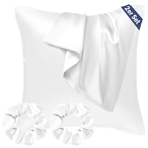 Seiwohl Satin Kissenbezug 80x80, 2er Set Satin Kopfkissenbezug Pillowcase Kissen Bezug Kissenhülle für Haar und Haut, ähnlich wie Seide, Weiß, mit 2 Haargummis von Seiwohl