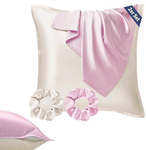 Seiwohl Satin Kissenbezug 80x80 2er Set, Weich wie Seidenkissenbezug Silk Pillowcase, Vegane Seide Kopfkissenbezug Kissenhülle Seidenkopfkissen für Haar und Haut mit Haargummis, Beige Rosa Seiwohl Satin Kissenbezug 80x80 2er Set, Weich wie Seidenkissenbezug Silk Pillowcase, Vegane Seide Kopfkissenbezug Kissenhülle Seidenkopfkissen für Haar und Haut mit Haargummis, Beige Rosa von Seiwohl