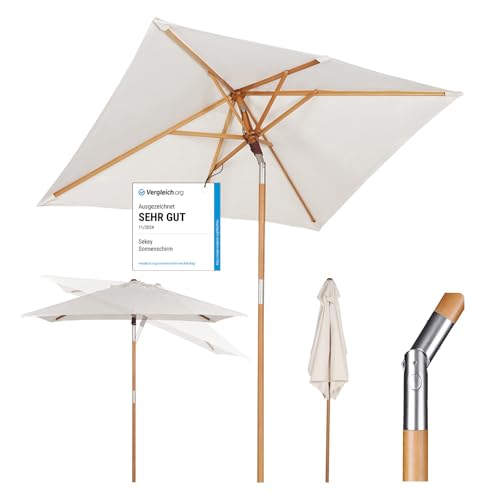 Sekey 200 × 150 cm Rechteckig Holz Sonnenschirm Marktschirm Gartenschirm Terrassenschirm Balkonschirm mit knickbar UV50+ Creme von Sekey