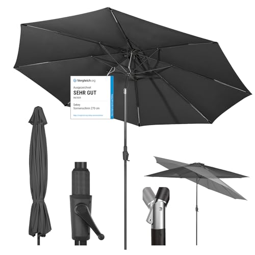 Sekey 350cm Sonnenschirm mit Kurbel und Auto Kippen,Marktschirm für Terrasse,Balkon & Garten,Windfest Stabil UPF 50+,Grau,Rund von Sekey