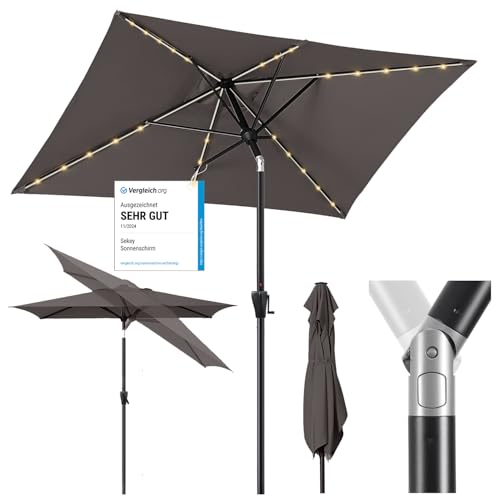 Sekey Aluminum Solar-Sonnenschirm mit LED-Beleuchtung 210x140cm, UV50+ Rechteckiger Balkon-Garten-Schirm, Solarlampe & Kurbelsystem von Sekey