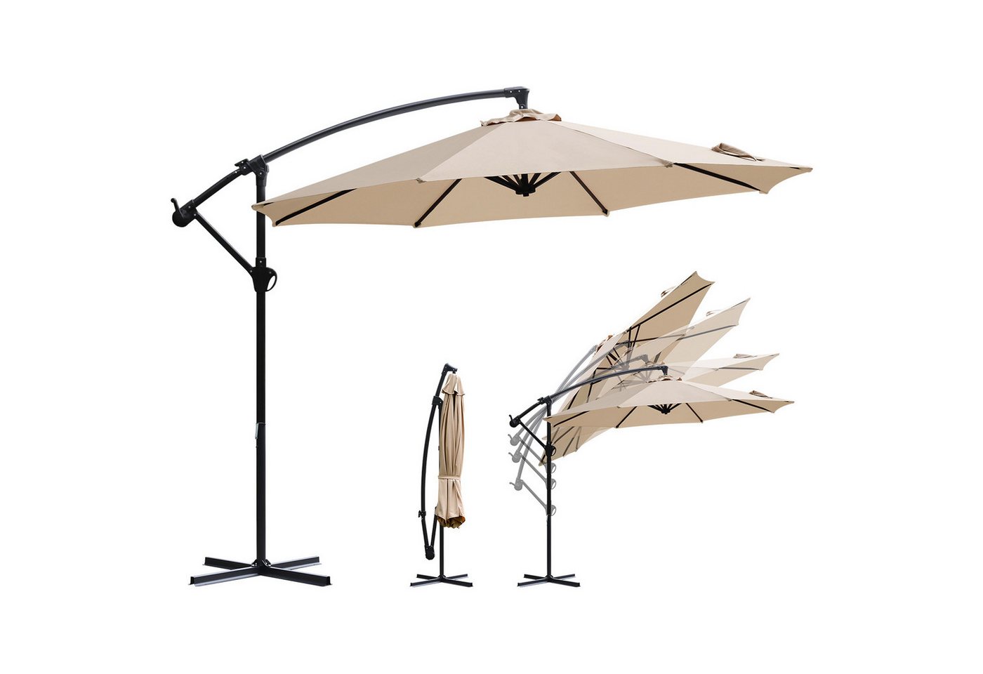 Sekey Ampelschirm Ø300cm Sonnenschirm mit Kreuzständer, Gartenschirm mit Kurbel, UV50+, LxB: 300,00x300,00 cm, mit/ohne LED-Lichtern, leicht zu öffnen und zu schließen von Sekey