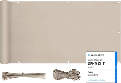 Sekey Balkon Sichtschutz Balkonabdeckung Balkonverkleidung blickdichte Wind- und UV-Schutz, 100% Privatsphäre, mit Ösen, Nylon Kabelbinder und Kordel, 120 x500cm Taupe von Sekey