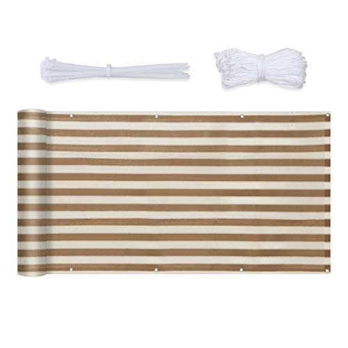 Sekey Balkon Sichtschutz Balkonabdeckung HDPE 220 g/m², 120x600cm, Leicht Transparent Wind- und UV-Schutz Wetterfest, mit Ösen, Nylon Kabelbinder und Kordel, Braun-Gelb Gestreift von Sekey