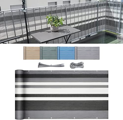 Sekey Balkon Sichtschutz Balkonabdeckung HDPE Leicht Transparent Wind- und UV-Schutz Wetterfest, mit Ösen, Nylon Kabelbinder und Kordel Grau Streifen 0.9×4m von Sekey