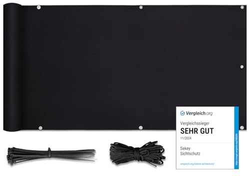 Sekey Balkon Sichtschutz PES Blickdichte Wetterfest Windschutz für den Gartenzaun oder Balkon, Schutz vor neugierigen Blicken, mit Ösen, Nylon Kabelbinder und Kordel, 0.9×3m Schwarz von Sekey