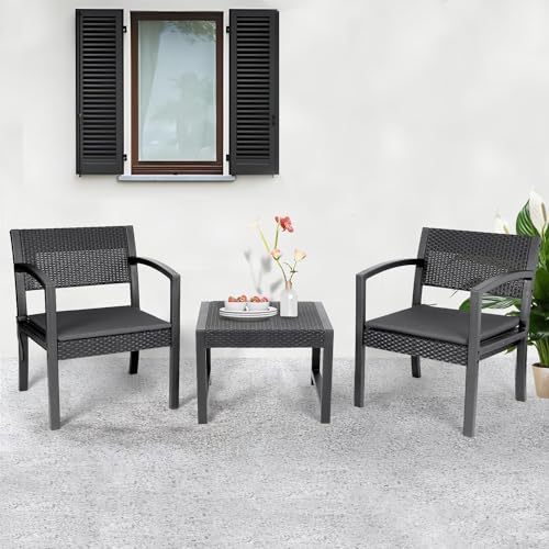 Sekey Balkonmöbel Set, 3 Teilig Gartenmöbel-Set aus PE-Polyrattan Wetterfest, Tisch und 2 Stühle mit Sitzkissen, Sitzgruppe Lounge Set, Terrassenmöbel für Terrasse, Balkon, Garten, Schwarz von Sekey