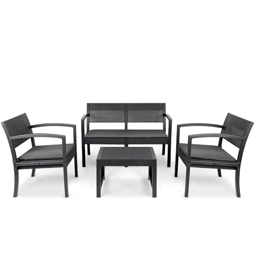 Sekey Balkonset 4 Sitzer Gartenmöbel Polyrattan Gartenlounge-Set Sitzgruppe Wetterfest, (4-TLG), 1x Tisch + 2X Stühle + 1x Sitzbank, Balkonmöbel Gartenmöbel Set Garten Balkon Lounge Set, Schwarz von Sekey