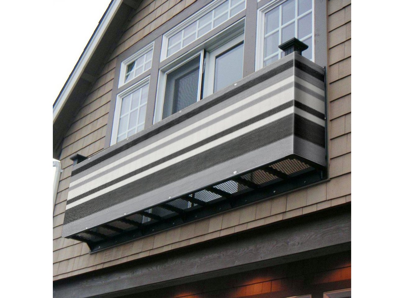Sekey Balkonsichtschutz HDPE Balkonverkleidung Sonnenschutz für Balkon Sichtschutz ohne Bohren Grau-weiß-schwarz gestreift, mit Aluminiumösen von Sekey