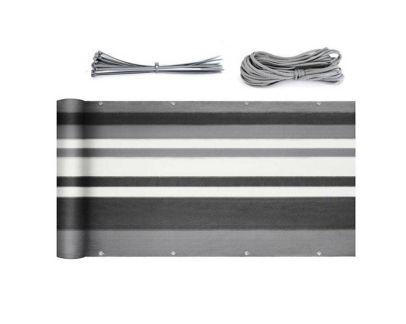 Sekey Balkonsichtschutz HDPE Balkonverkleidung Sonnenschutz für Balkon Sichtschutz ohne Bohren Grau-weiß-schwarz gestreift, mit Aluminiumösen von Sekey