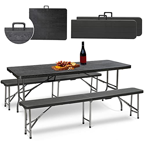 Sekey Bierzeltgarnitur Klappbar Campingtisch Set, 2 x Bierbänke & 1 x Biertisch, 180cm Biertischgarnitur 3-teilig Gartenmöbel Set Holzmaserung, Schwarz von Sekey