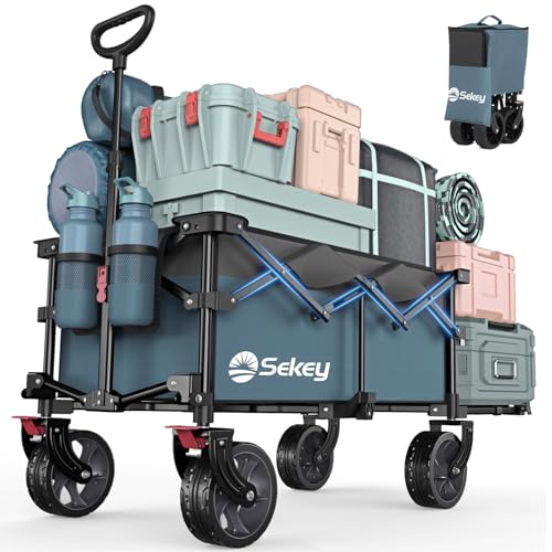 Sekey Bollerwagen Faltbar mit Erweiterbarer Heckklappe 135L & 200L, Faltbarer Bollerwagen Angelwagen Zusammenfaltbar aus Vier Richtungen bis 150KG, Flexi 4019, Blau mit Grau von Sekey