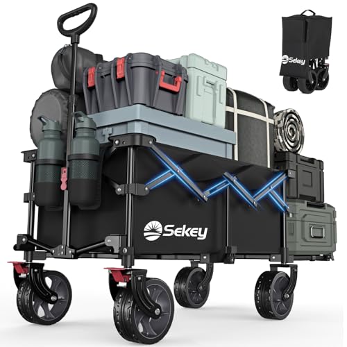 Sekey Bollerwagen Faltbar mit Erweiterbarer Heckklappe 135L & 200L, Faltbarer Bollerwagen Angelwagen Zusammenfaltbar aus Vier Richtungen bis 150KG, Flexi 4019, Schwarz von Sekey