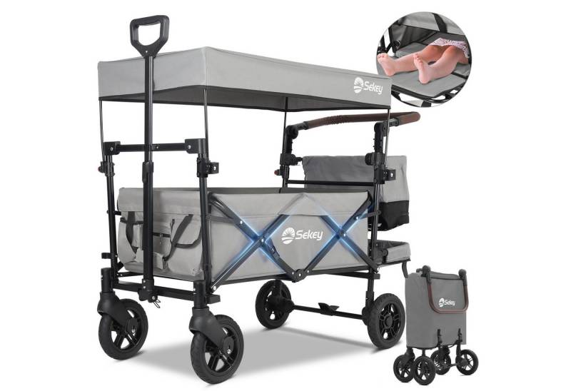 Sekey Bollerwagen Klappbar Transportkarre Handwagen Kinderwagen mit Dach bis 150 kg, Faltbar Bollerwagen mit Schiebegriff, stoßfesten PU-Rädern und Bremsen von Sekey