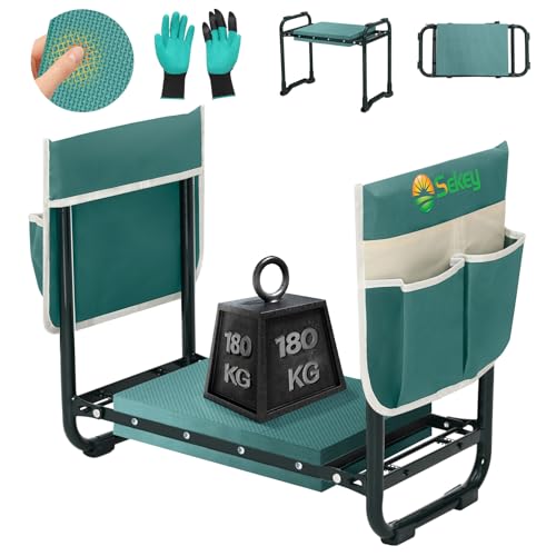 Sekey Höhenverstellbare Kniebank für Gartenarbeit Belastbarkeit 180KG, Gartenhocker Klappbar mit Werkzeugtaschen, Knie Komfort Garten, Grün von Sekey