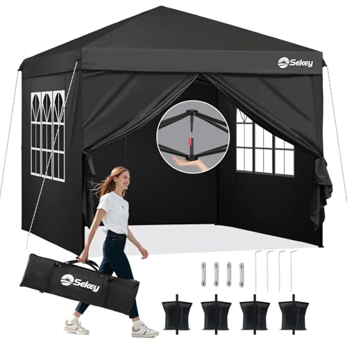 Sekey Premium Pop Up Pavillon 3x3 Wasserdicht Stabil, 3 x 3 m Pavillon mit Seitenwänden, Faltpavillon Partyzelt Faltbar für Camping Party, Höhe Verstellbar 250-270cm, Schwarz von Sekey