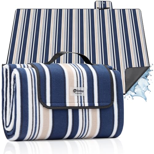 Sekey Picknickdecke Wasserdicht 200x200cm, sandfeste Strandmatte, PEVA-Wasserdichter Untergrund, Stranddecke Tragbare Faltbar Gepolstert, für Outdoor-Camping Strand und Wiese, Blau-Weiß-Beige Streifen Sekey Picknickdecke Wasserdicht 200x200cm, sandfeste Strandmatte, PEVA-Wasserdichter Untergrund, Stranddecke Tragbare Faltbar Gepolstert, für Outdoor-Camping Strand und Wiese, Blau-Weiß-Beige Streifen von Sekey