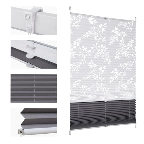 Sekey Plissee Doppelplissee Day+Night Verdunkelung ohne Bohren verspannt Lichtschutz Klemmfix Lichtdurchlässig Ausbrenner-Muster 130x150cm Druck & Grau von Sekey
