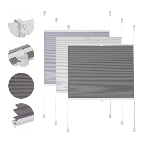 Sekey Plissee ohne Bohren Verdunkelung, Fenster Plissee Klemmfix Jalousie 105 cm breit, Verspannt Blickdicht Sonnenschutz Fensterollo, 105x120cm, Dunkelgrau von Sekey