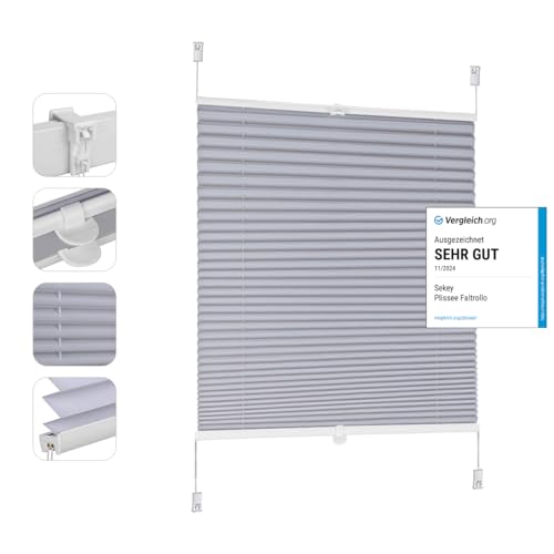 Sekey Plissee ohne Bohren Verdunkelung, Fenster Plissee Klemmfix Jalousie 75 cm breit, Verspannt Blickdicht Sonnenschutz Fensterollo, 75x130cm, Blaugrau von Sekey