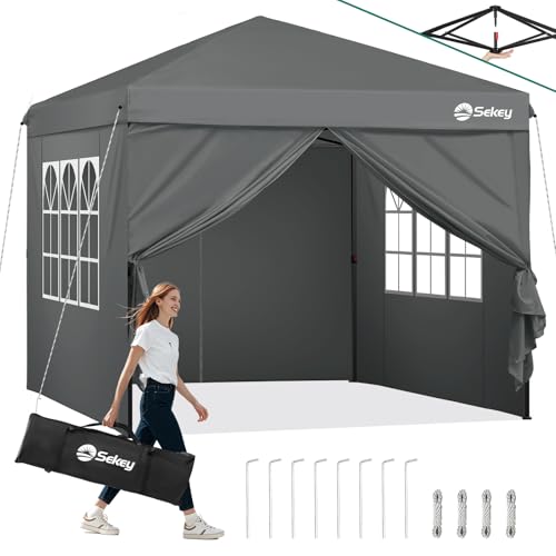 Sekey Pop Up Pavillon 3x3 Wasserdicht Stabil Winterfest, Faltpavillon 3 x 3 m, Camping Pavillion Faltbar Partyzelt mit Seitenwänden, Höhe Verstellbar in 3 Stufen, Grau von Sekey