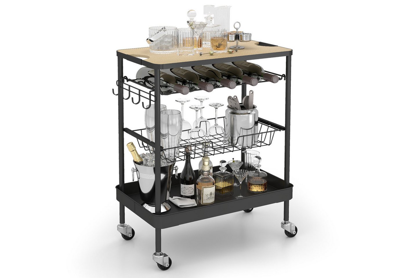 Sekey Servierwagen Küchenwagen Beistellwagen Ordnungswagen mit herausschiebarem Korb, 3-Ebenen Barwagen mit abnehmbarem Tablett, 59 x 75 x 36 cm von Sekey