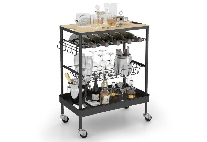 Sekey Servierwagen Küchenwagen Beistellwagen Ordnungswagen mit herausschiebarem Korb, 3-Ebenen Barwagen mit abnehmbarem Tablett, 59 x 75 x 36 cm von Sekey