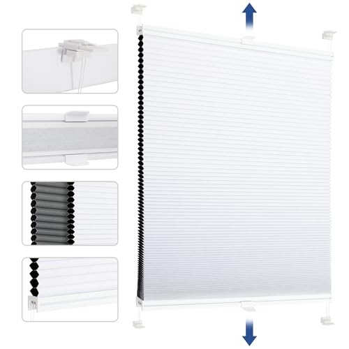 Sekey Wabenplissee Ohne Bohren Verdunkelung Rollo 100% verdunkelnd Blickdicht, Klemmfix, Aluminiumschiene, ZWeißeitig wählbar in Weiß & Grau 75x130cm (BxH) von Sekey