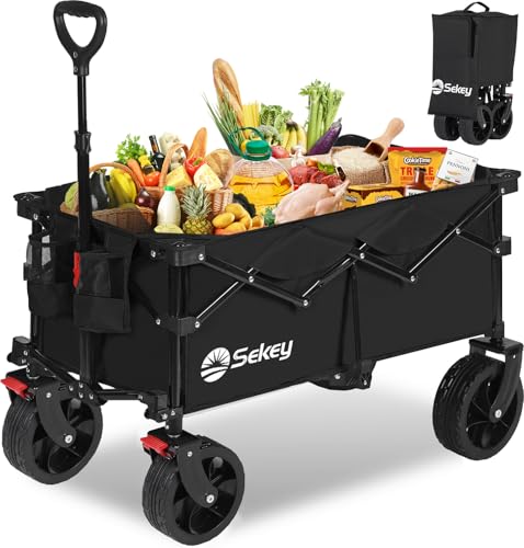 Sekey XXL Bollerwagen Faltbar mit Bremsen 150L 150KG, Breite Reifen Alle Gelände, Patentiert Zusammenfaltbar aus 4 Richtungen, Kein Zusammenbau erforderlich, XXL 4020, Schwarz von Sekey