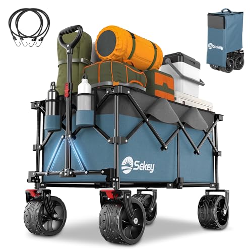 Sekey XXL Plus Bollerwagen Faltbar mit Bremsen 200L 150KG Belastbar, 17x10 cm Extra Breite Reifen All Terrain Bollerwagen, Patentiert Zusammenfaltbar aus Vier Richtungen, XXL-PlusB 4011, Blau-Grau von Sekey