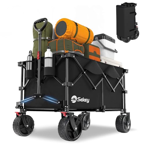 Sekey XXL Plus Bollerwagen Faltbar mit Bremsen 200L 150KG Belastbar, 17x10 cm Extra Breite Reifen All Terrain Bollerwagen, Patentiert Zusammenfaltbar aus Vier Richtungen, XXL-PlusB 4011, Schwarz von Sekey