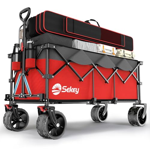 Sekey XXXL Bollerwagen Faltbar 300L 150KG Belastbar, Faltbarer Bollerwagen 17x10 cm Extra Breite Reifen Alle Gelände, Patentiert Klappbar aus Vier Richtungen, XXXL-Super 4013, Rot mit Grau von Sekey