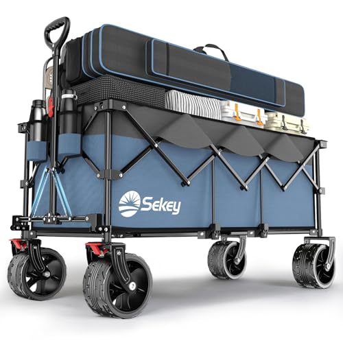 Sekey XXXL Bollerwagen Faltbar 300L 200KG Belastbar, Faltbarer Bollerwagen 17x10 cm Extra Breite Reifen Alle Gelände, Patentiert Klappbar aus Vier Richtungen, XXXL-Super 4013, Blau mit Grau von Sekey